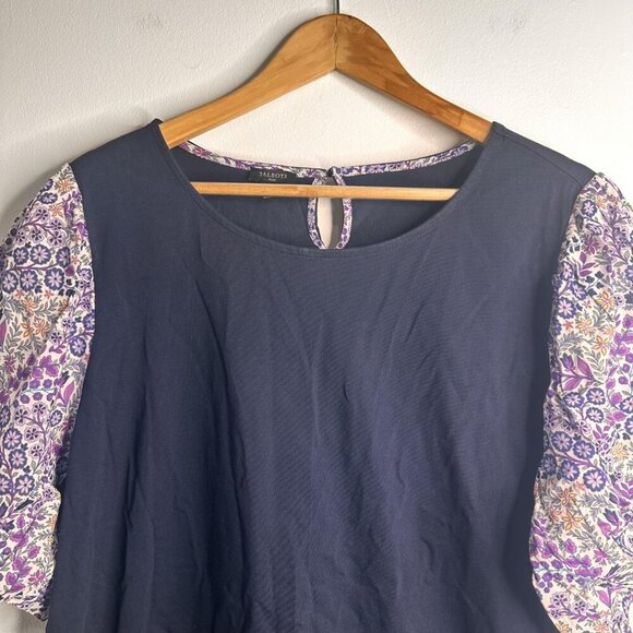 Talbots Shirt Womens 2X Blue Floral Puff Short Sleeve Cotton Lined Boho Top Plus - Picture 2 of 10